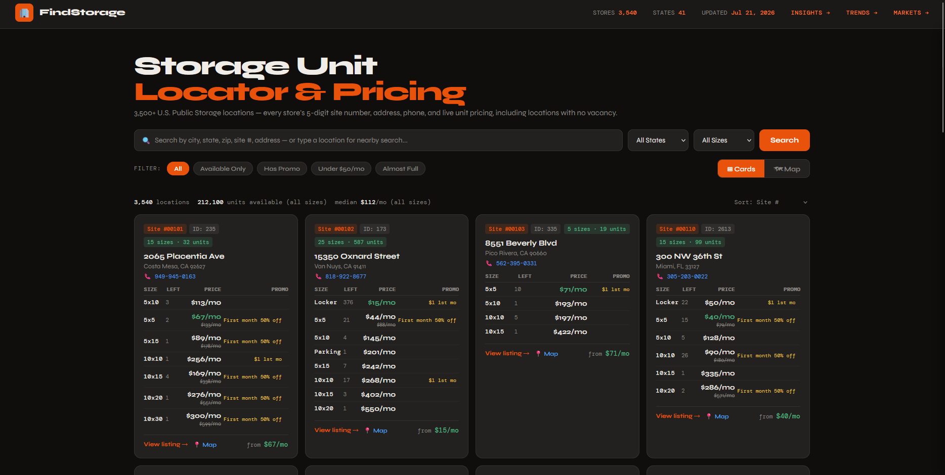 The findstorage directory view: a filter bar and a grid of store cards, each listing site number, address, phone, and a per-size table of advertised monthly prices and promotions.
