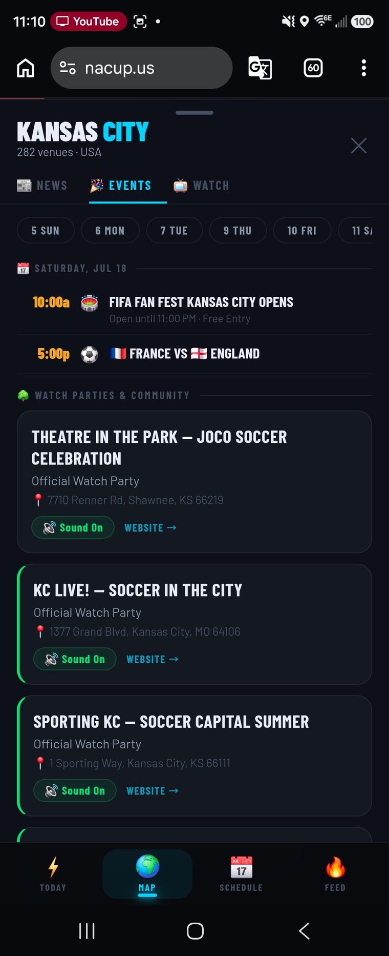nacup.us on a phone, showing the Kansas City panel with 282 venues, a date strip, scheduled matches and a list of official watch parties.